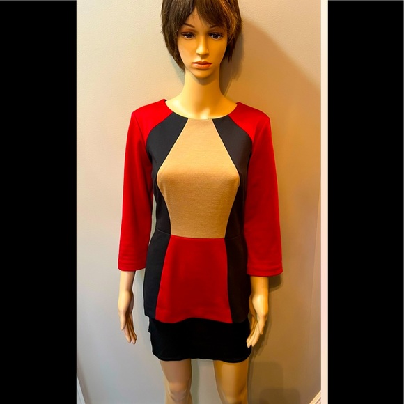 Chetta B Colorblock Red Black Beige Pencil Sheath Top Sz10 - Picture 2 of 9